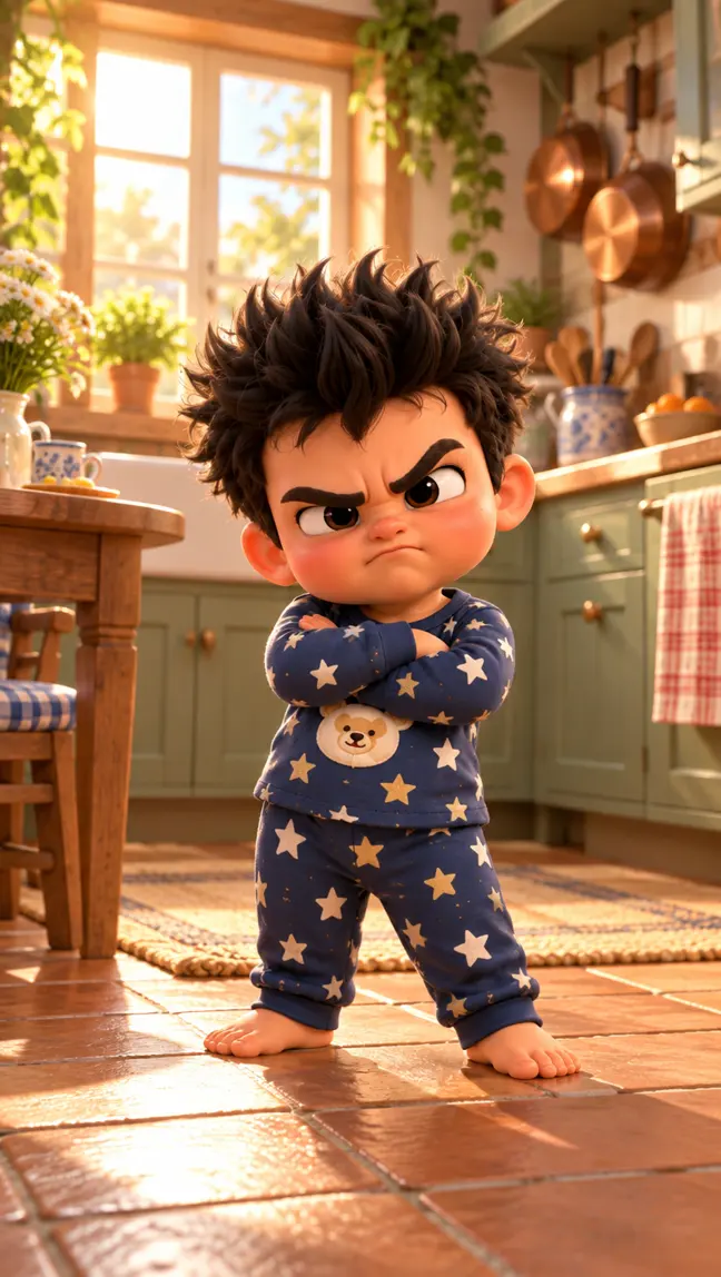 Beta Baby standing in a sunny kitchen with his arms crossed and a grumpy frown