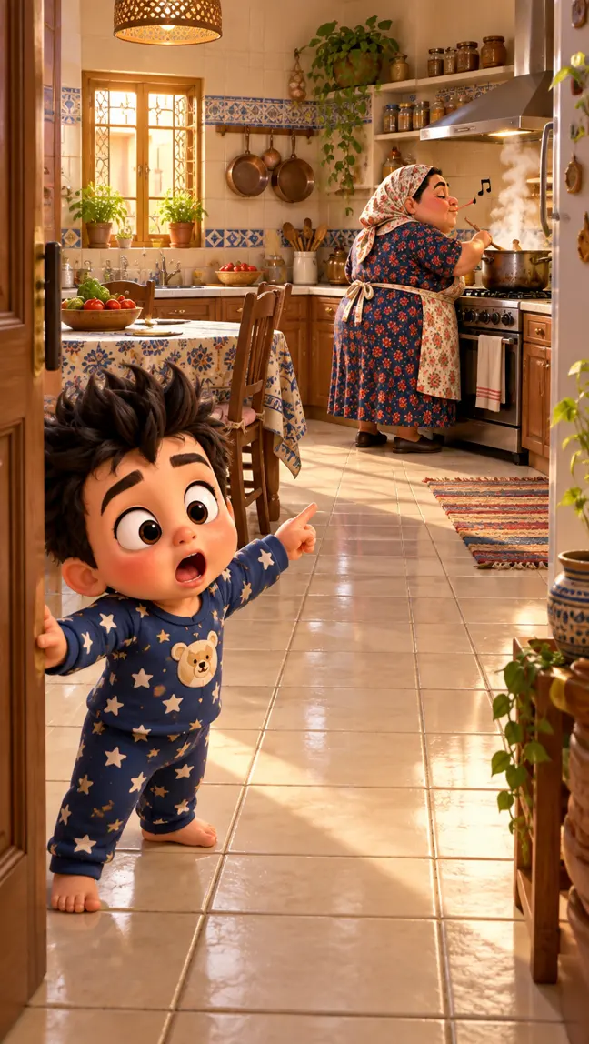 Beta Baby at the kitchen doorway, pointing in surprise at a steaming pot, while Teta whistles innocently at the stove across the room