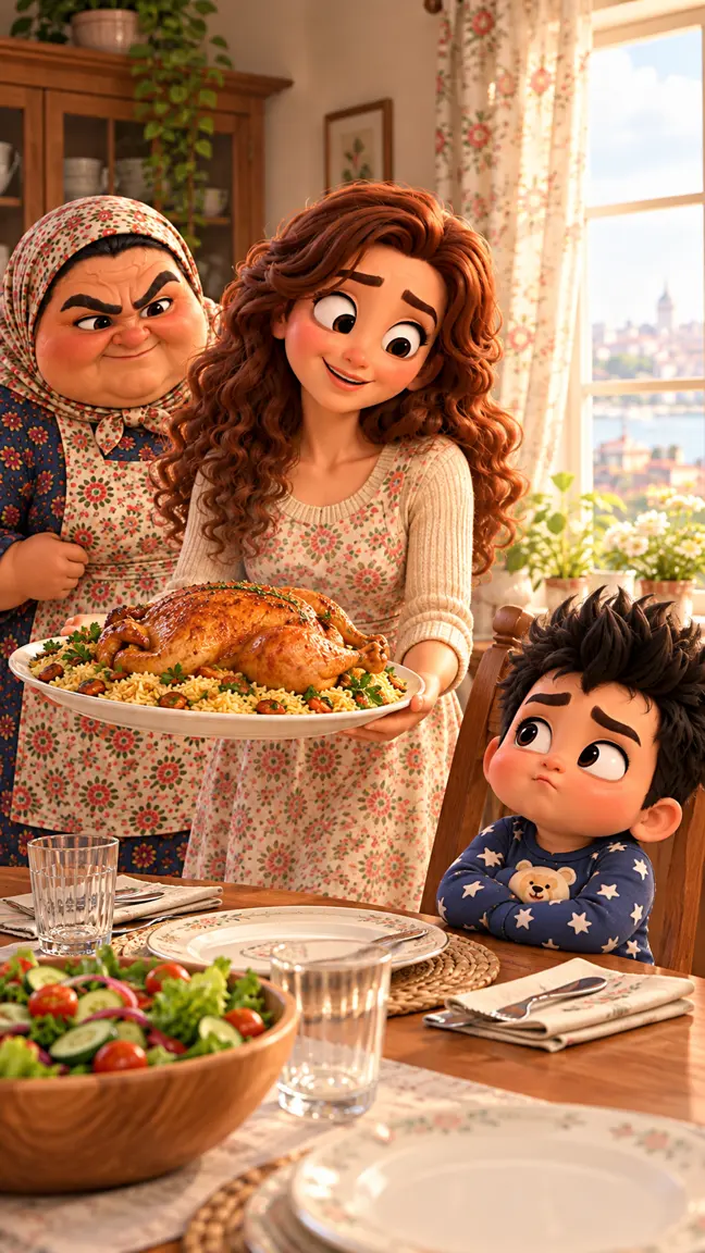 Mom carrying a golden roast chicken to the dinner table with Teta behind her, while Beta Baby watches doubtfully from his chair