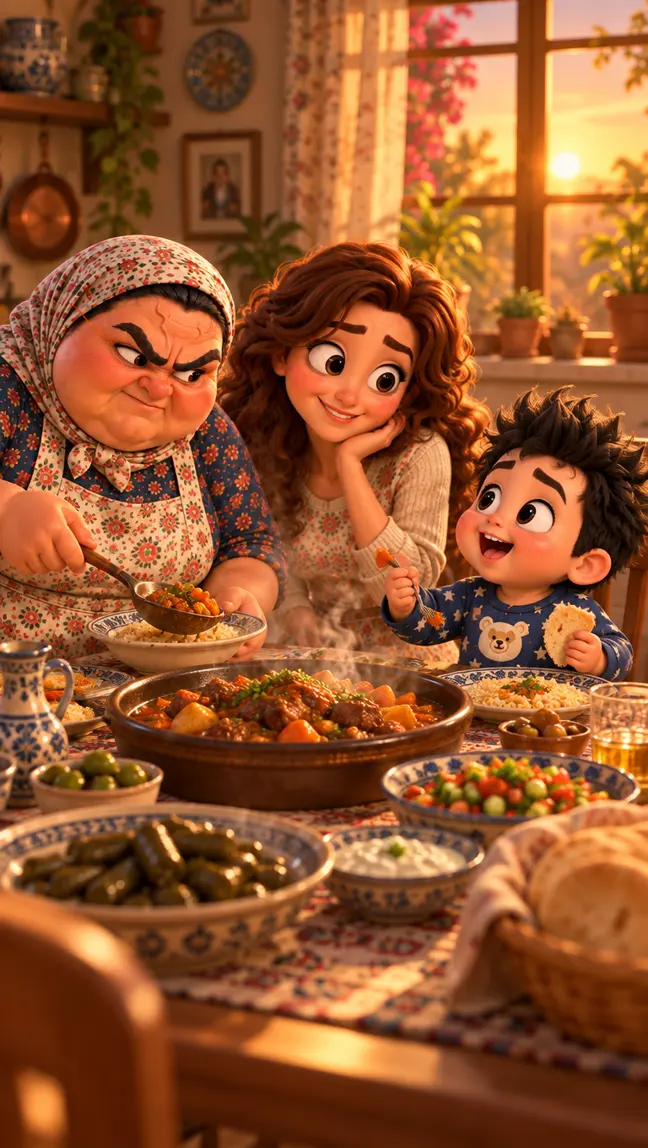 Teta, Mom, and Beta Baby around the dinner table in golden evening light
