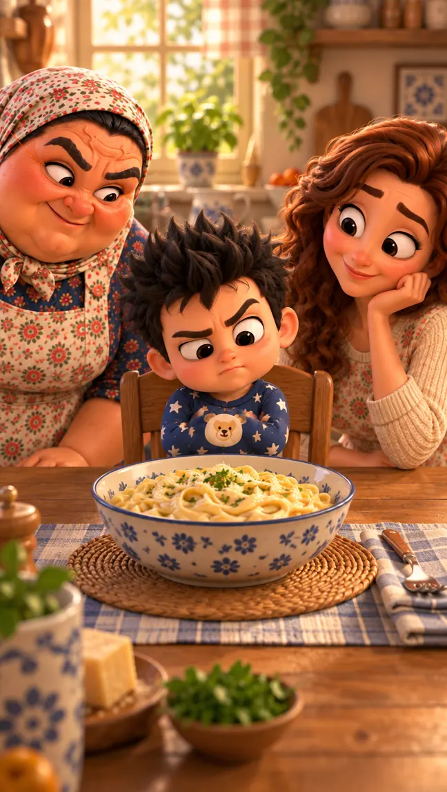 Beta Baby on a wooden chair with his arms crossed, side-eyeing a big bowl of fettuccine, with Teta and Mom beside him