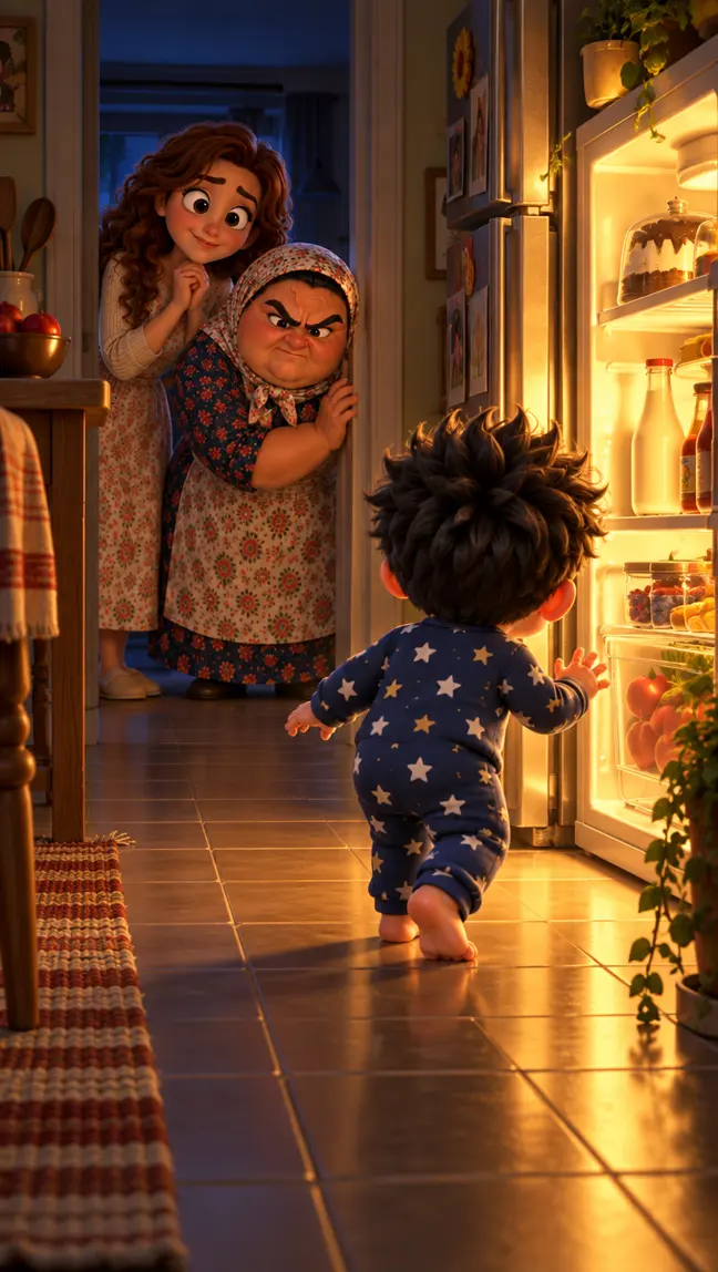 Beta Baby in star pajamas tiptoeing toward a glowing open fridge in the night kitchen, while Mom and Teta peek around the doorway behind him