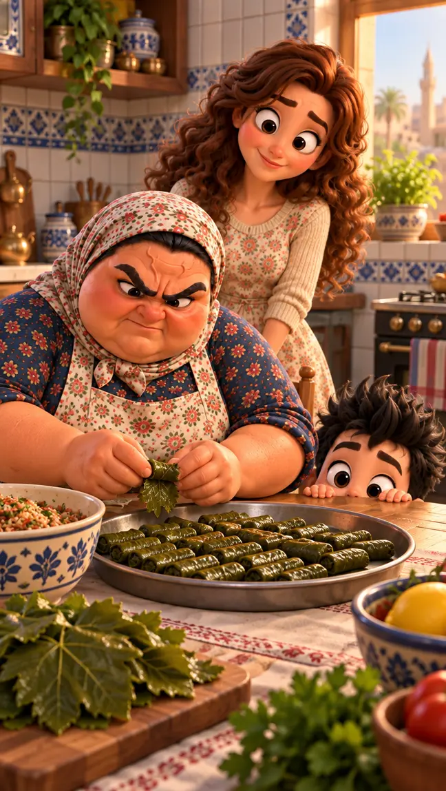 Teta rolling stuffed vine leaves at the kitchen table with Mom smiling behind her, while Beta Baby peeks over the far edge of the table