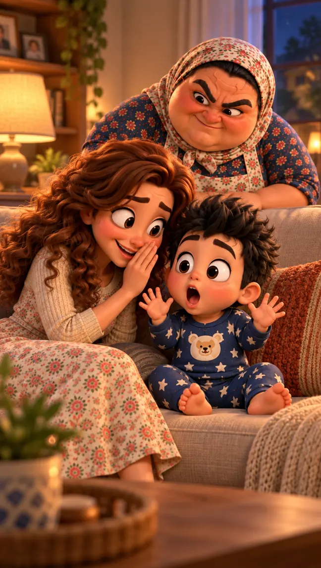 Mom whispering to a wide-eyed Beta Baby on the living room sofa, with Teta peering over them