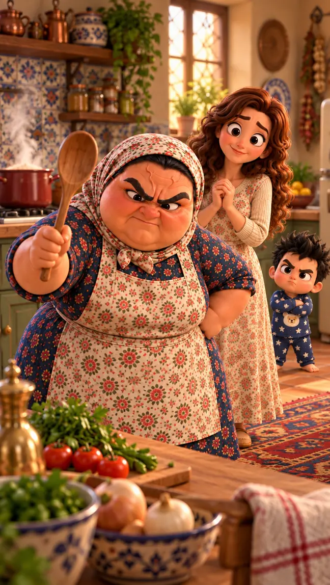 Teta holding up her wooden spoon with a strict look, Mom behind her with her hands clasped, and Beta Baby far back with his arms crossed