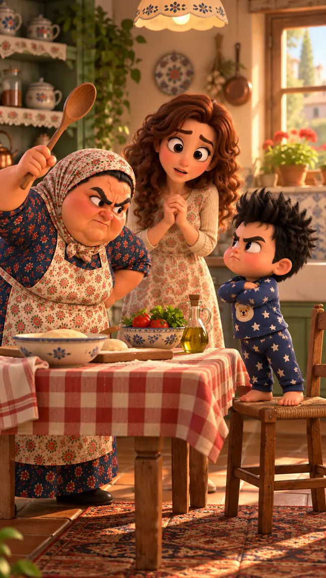 Teta with her wooden spoon raised and Beta Baby with his arms crossed, face to face, while Mom watches with her hands clasped