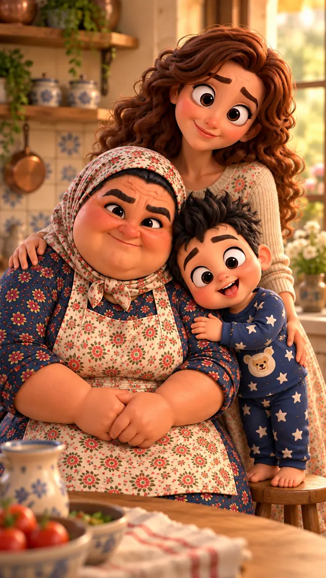 Teta with her hands clasped and a smiling Beta Baby leaning against her, with Mom behind them in a warm kitchen