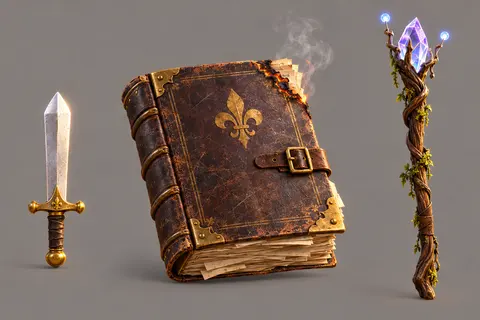 Props: a tiny sword, a smoking ledger, and a crystal staff