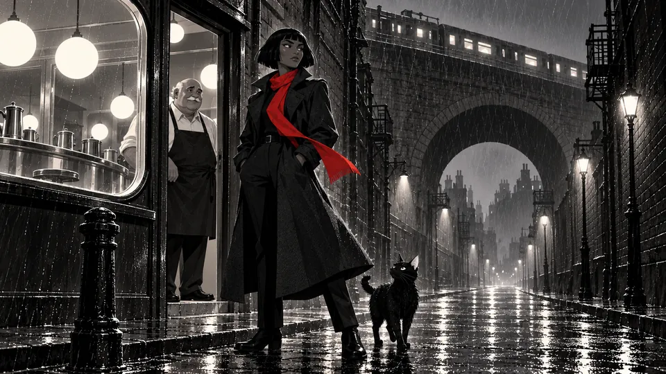 Shot 1 of the example show Rain City: the detective outside the diner