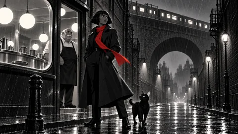 Attempt three: the detective in her black coat and red scarf outside the diner, with the cat