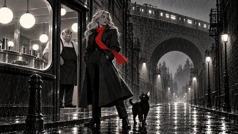 Attempt two: a blonde woman in a black coat and red scarf