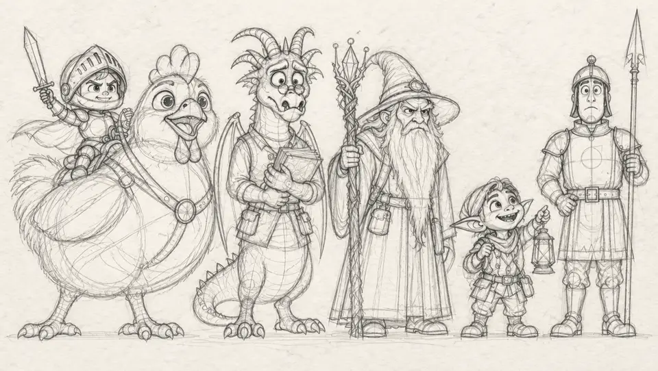 A rough pencil sketch of the whole cast