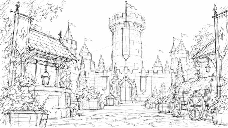 A rough pencil sketch of a castle courtyard