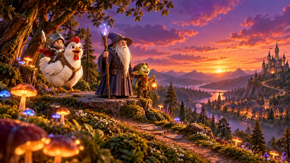The wizard, the goblin, and Pip on the forest hill